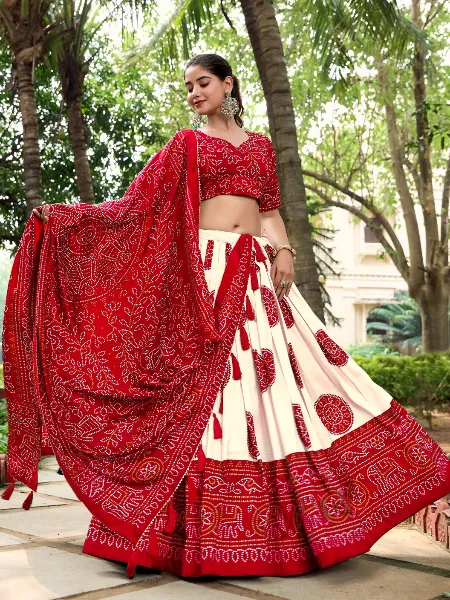 Red Tussar Silk Lehenga Choli With Bandhej Print and Dupatta
