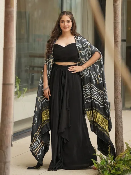 Black Cowl Skirt Blouse and Shrug With Embroidery Western Look