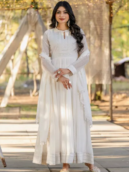 white christmas dresses White Georgette Anarkali Dress 193571 White Thread Embroidery With Zari  Sequence Work RT10353-193571 – Arabic attire main image 1