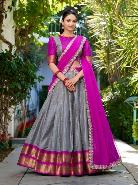 Grey Color Pavadai Dhavani in Zari Chex With Weaving Ready to Wear