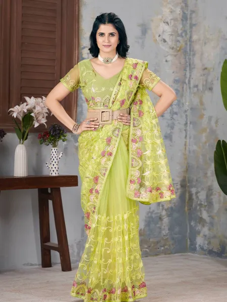 Parrot Saree in Butterfly Net With Embroidery and Foil Multi Thread ...