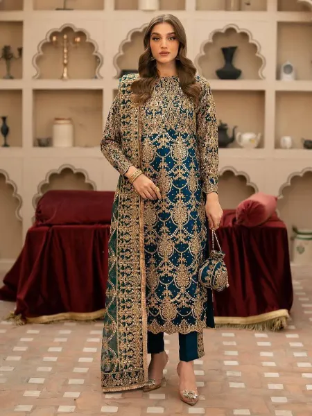 Rama Color Salwar Suit in Georgette With Heavy Sequence Embroidery  Pakistani Dress