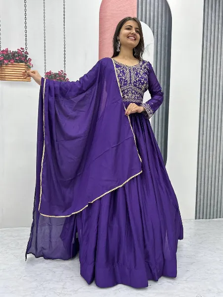 Purple Indian Party Wear Gown in Chinon With Embroidery and