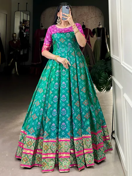 green emerald velvet dress Parrot Green Jacquard Fabric and Pink Jacquard Bottom Fabric Designer Dress  Material for Womens main image 0