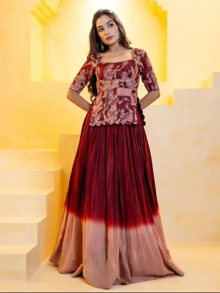 Maroon Color Crop Top Choli in Chinon With Kalamkari Print Work Lehenga  Choli