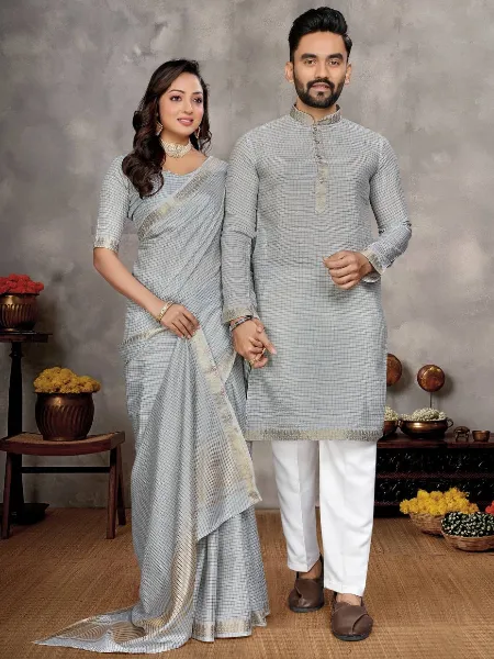 Men and Women Combo of Saree Kurta in Grey Zari Chex Weaving Couple Combo