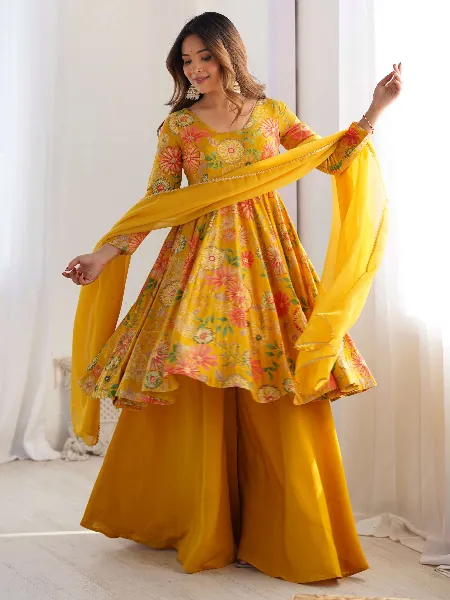 Haldi Outfit in Kediya Style Top With Palazzo With Print and