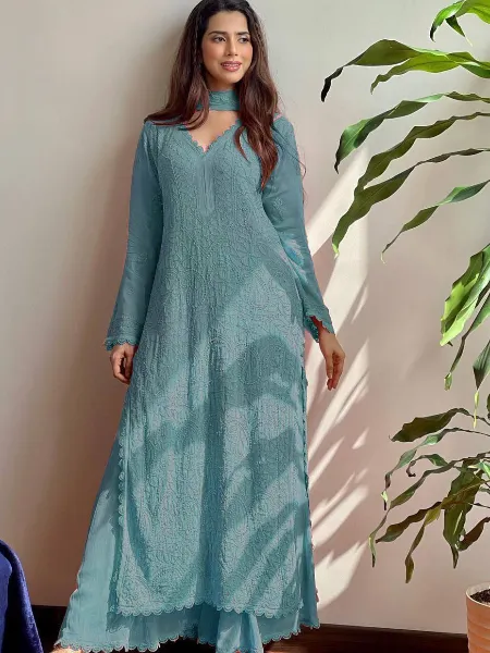 Sky Blue Color Georgette Salwar Suit With Cotton Thread Embroidery and  Dupatta