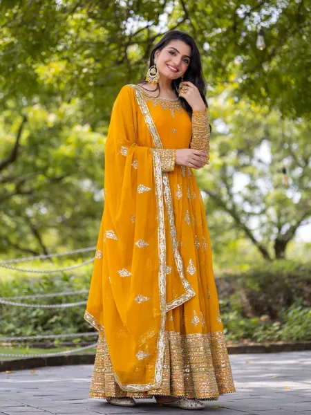 Yellow Anarkali Gown in Georgette With Sequence Embroidery Dress