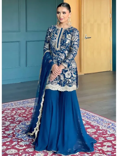 Blue Kurti Sharara Suit in Georgette With Sequence Embroidery and