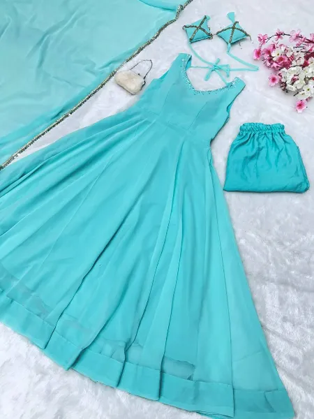 Sky Classy Designer Readymade Georgette Anarkali Dress With Print Work main image 0