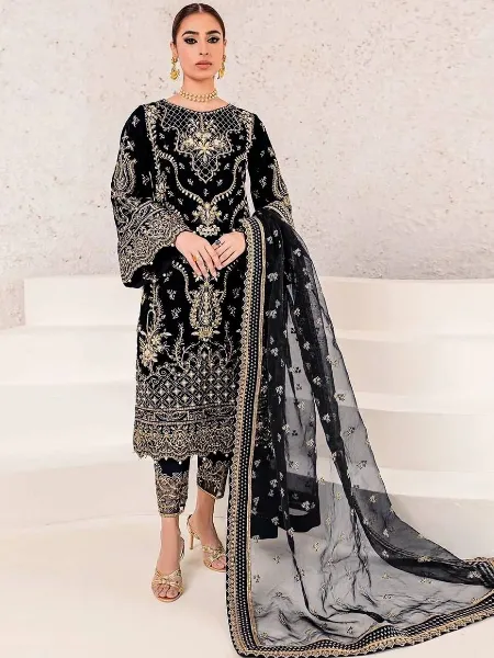Black Salwar Suit for Eid in Chinon Silk With Sequence Embroidery