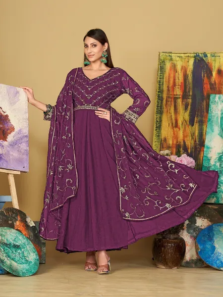 Indian Anarkali Dress in Purple Georgette With Embroidery Work and