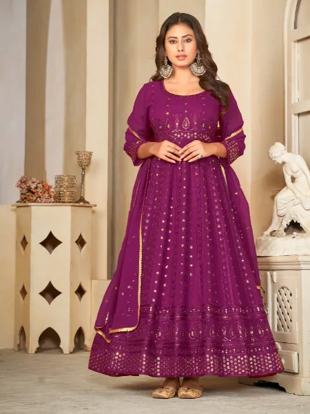 Purple Indian Anarkali Dress In Georgette With Embroidery Work And