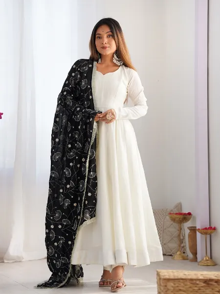 White Anarkali With Black Dupatta in Pure Soft Vichitra Silk With