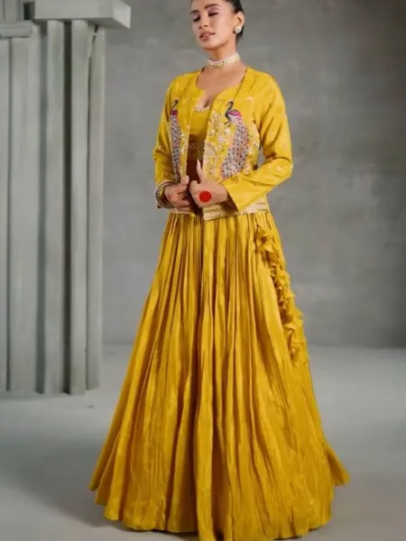 Mustard Crop Top Lehenga Choli In Chinon With Thread Sequence And Peacock  Designer Jacket