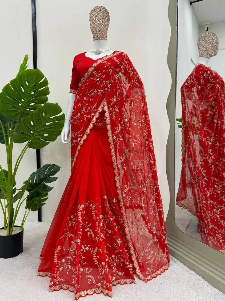 Red Color Saree in Tibby Silk With Coding And Sequence Wedding Saree ...