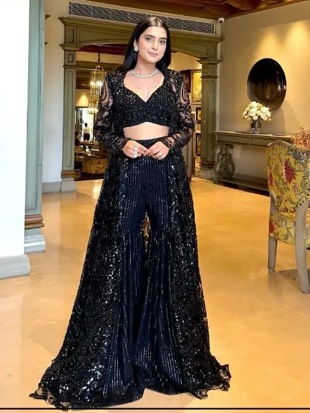 Black Choli Palazzo and Shrug in Butterfly Net With Thread Sequence Work