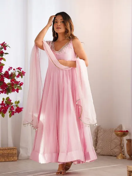 Baby Pink Color Anarkali Dress in Georgette With Neck Stone Work