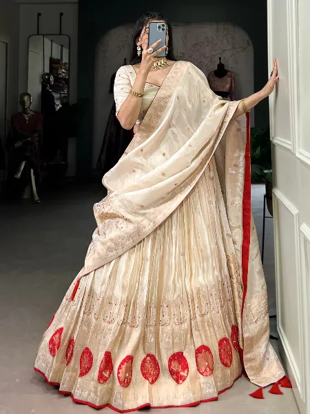 Cream Pure Shimmer Lehenga With Red Weaving and Mirror Beads Hand