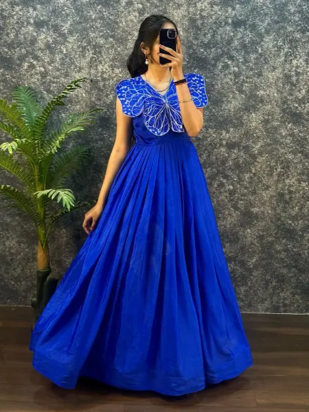 Butterfly Gown in Royal Blue Color Chinon With Embroidery Ready to