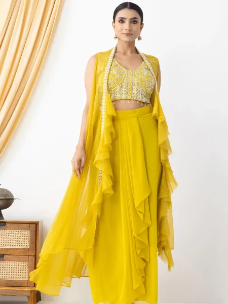 Yellow Drape Skirt With Blouse and Shrug With Beads and Sequence