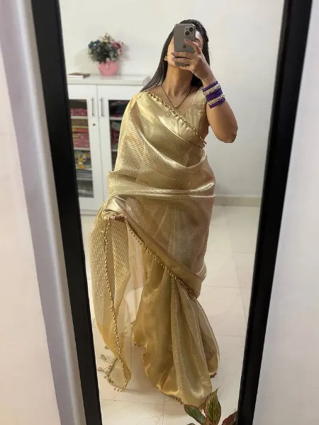 South Indian Saree in Gold Tissue Silk With Zari Weaving Nayanthara Saree