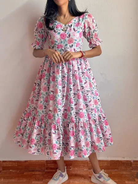 White Designer Summer Frock in Hakoba Cotton With Digital Print