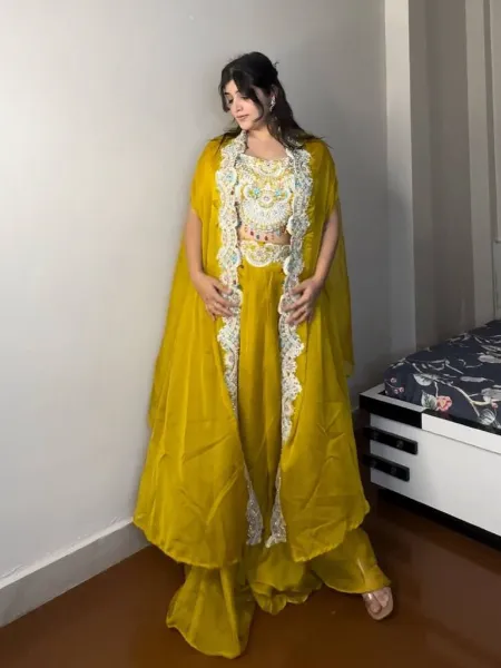 Yellow Cowl Skirt Blouse and Shrug With Embroidery Western Look Outfit for  Haldi