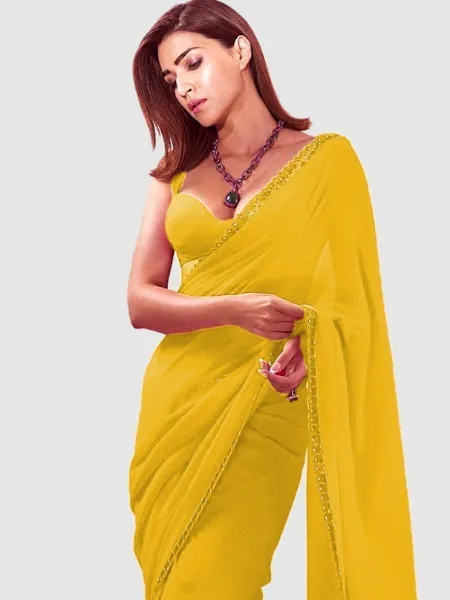 Kriti Sanon Saree in Yellow Georgette for Party With Sequins