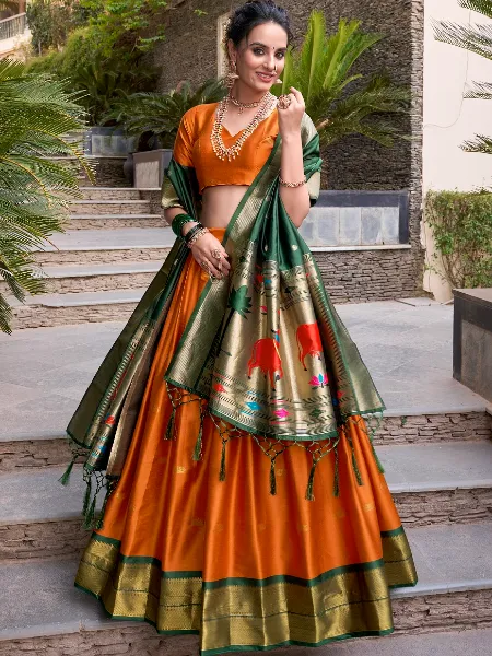 Wedding Dhavani Dress Orange Pavadai Dhavani In Paithani With