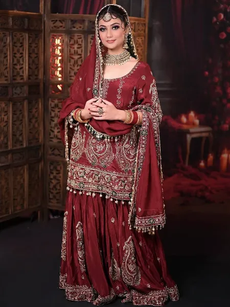 Punjabi Dress With Dupatta in Maroon Georgette With Heavy Sequence