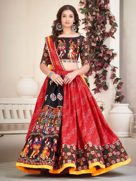 Red Navratri Chaniya Choli in Cotton Silk With Thread and Mirror