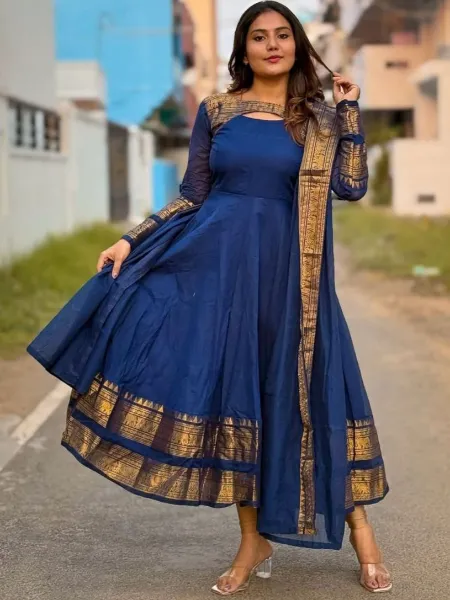 Navy Blue South Indian Dress in Silk Cotton With Zari Weaving and