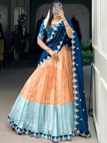 Orange Color Zari Weaving and Sequins Embroidery Half Saree Lehenga for  Women