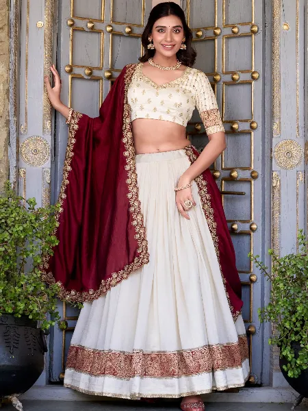 Designer Bridal Lehenga in Off White Vichitra Silk Wedding Lehenga