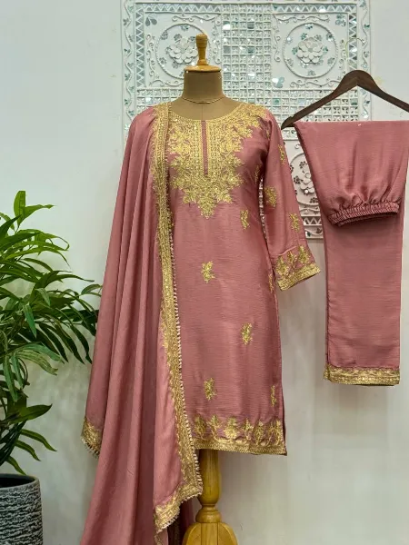 Peach Color Salwar Kameez In Chinon Silk With Beautiful Embroidery Work