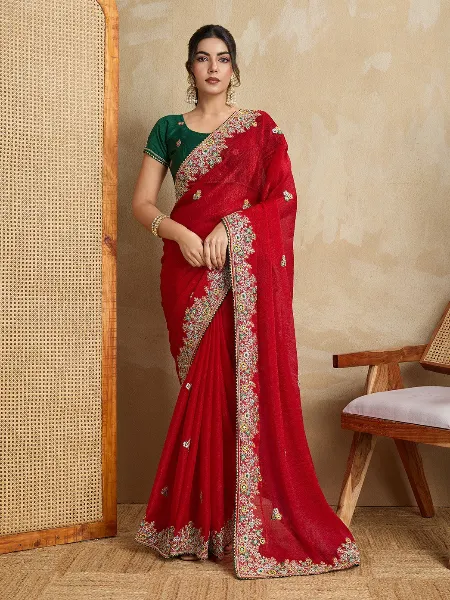 Red Wedding Saree in Chiffon Silk With Sequence Embroidery and