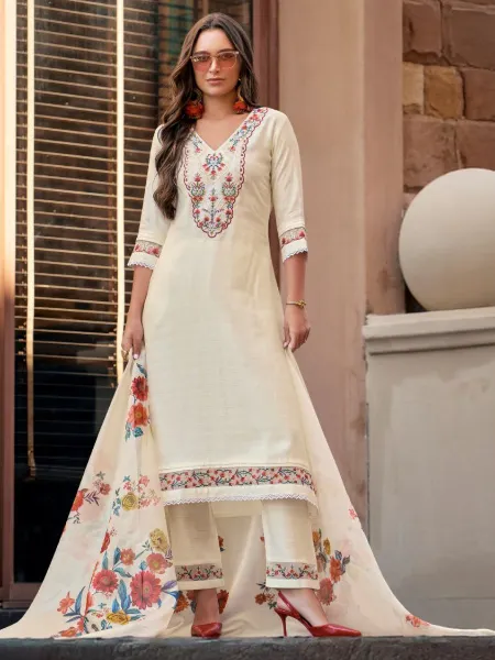 Off White Color Designer Kurti in Chanderi Silk With Embroidery