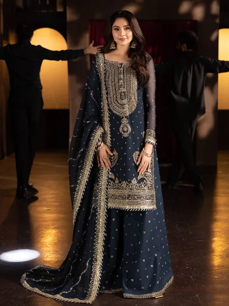 open lace back dress Pakistani Dress Blue Designer Chiffon main image 0