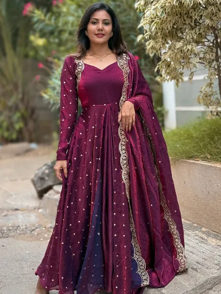 Wine Anarkali Gown in Fendi Silk With Sequence Embroidery Dupatta for  Sangeet