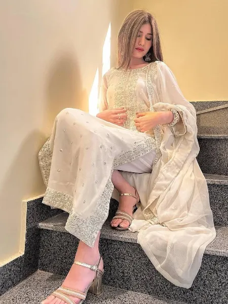sachin and babi light blue dress White Multicolor Thread Embroidery Long Dress Women Clothing –  PencilboxShopUSA main image 1