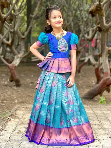 Sky Blue Kids Lehenga Choli With Zari Weaving in Jacquard Pattu
