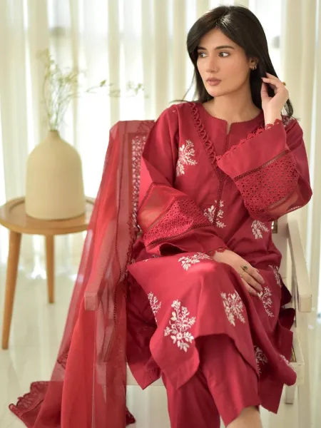 Maroon Salwar Kameez in Roman Silk With Embroidery and Gpo Lace