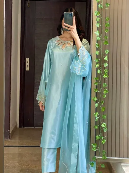 Sky Blue Punjabi Suit Sky Color Designer Dress In Satin With