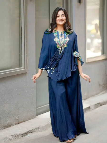 Fancy Outfit for Women in Blue Blouse Palazzo With Koti Western Look Outfit