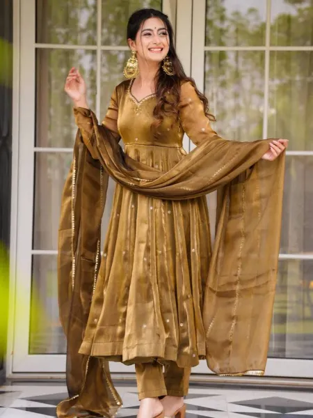 slim fit dress slacks SAADGI YELLOW MIRROR WORK ANARKALI SET