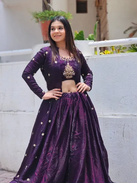 Purple Crop Top Lehenga Choli in Fendy Silk With Sequence