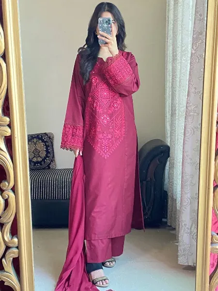 Maroon Salwar Kameez in Roman Silk With Sequence Embroidery