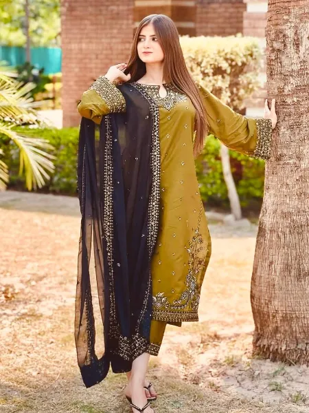 Green & Light Brown & Light Pink & Mustard & Rama & Teal Pakistani Suit